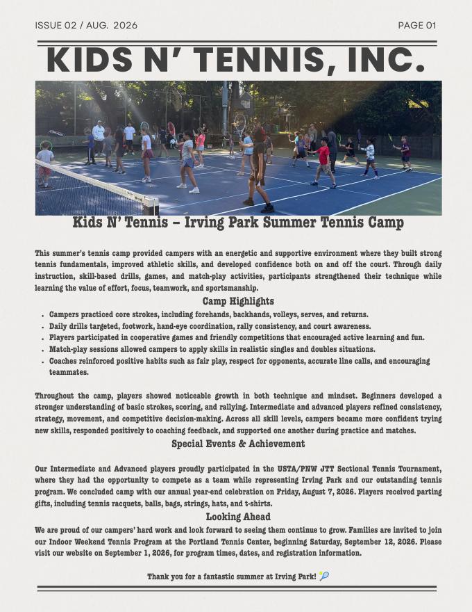 Cover of the August 2026 Kids N' Tennis newsletter